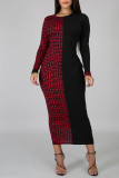 Коричневые элегантные платья-юбки-карандаш в стиле пэчворк с круглым вырезом и принтом