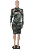 Grey Sexy Letter Camouflage Print Hollowed Out Turtleneck Long Sleeve Dresses