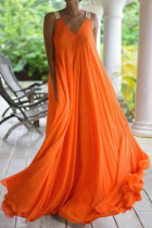 Vestidos longos com decote em V e retalhos lisos casuais laranja