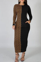 Vestidos de falda de lápiz con cuello en O de patchwork con estampado elegante marrón