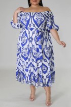 Синее повседневное платье с открытыми плечами и короткими рукавами с принтом Платья больших размеров
