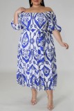 Blauwe casual print rugloze off-shoulder jurk met korte mouwen Grote maten jurken