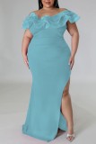 Lichtblauwe sexy effen patchwork split V-hals lange jurk Grote maten jurken