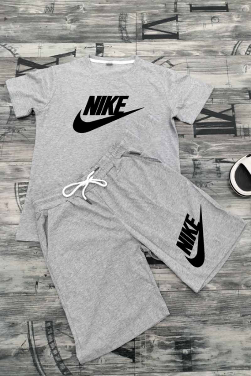 

Light Gray Casual Print Letter O Neck Short Sleeve Two Pieces