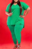 Army Green Casual Solid Slit V Neck Plus Size Two Pieces