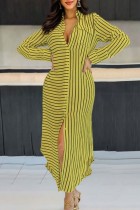 イエロー カジュアル ストライプ プリント パッチワーク ターンダウン カラー シャツドレス ドレス
