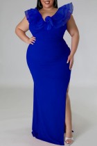 Blaues sexy festes Patchwork-Schlitz-V-Ausschnitt-langes Kleid plus Größenkleider