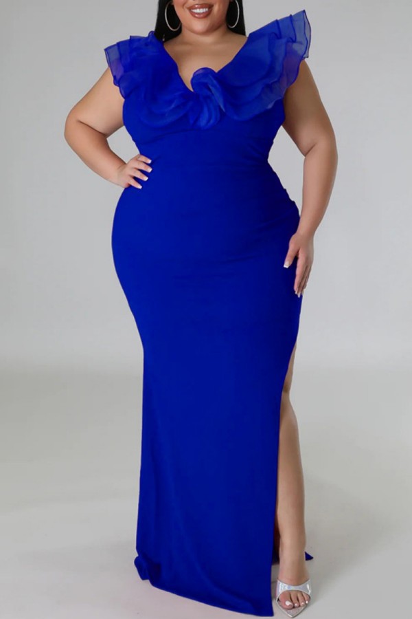 Синее сексуальное сплошное лоскутное длинное платье с разрезом и V-образным вырезом Платья больших размеров