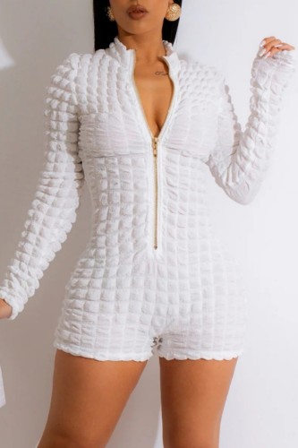 White Casual Solid Patchwork Zipper Collar Skinny Rompers