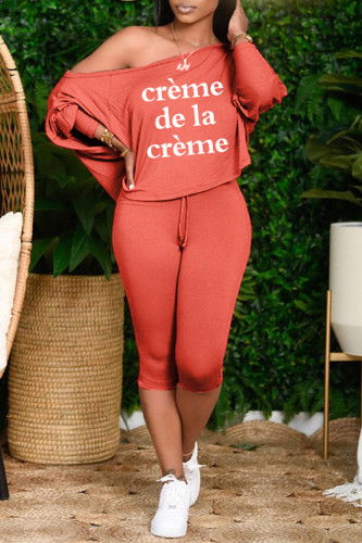 Orange Casual Letter Print Basic Oblique Collar Long Sleeve Two Pieces