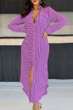 Фиолетовое повседневное полосатое платье-рубашка с отложным воротником в стиле пэчворк Платья Платья