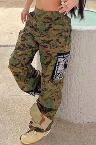 Camouflage Casual Camouflage Print Patchwork Regular High Waist Conventional Full Print Trousers