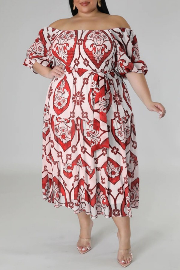 Rode casual print backless off-shoulder jurk met korte mouwen Grote maten jurken