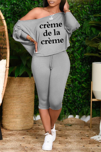 Grey Casual Letter Print Basic Oblique Collar Long Sleeve Two Pieces