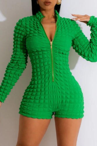 Green Casual Solid Patchwork Zipper Collar Skinny Rompers