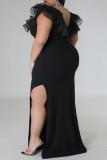 Schwarzes, sexy, solides Patchwork-Schlitz mit V-Ausschnitt, langes Kleid, Kleider in Übergröße
