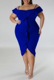 Colorful Blue Sexy Solid Patchwork Backless Off the Shoulder Short Sleeve Dress Plus Size Dresses
