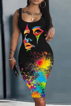 Black Sexy Casual Rainbow Print Basic U Neck Vest Tank Bodycon Midi Dress