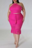 Rose Red Sexy Solid Backless Cross Straps O Neck Plus Size Two Pieces