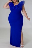 Vestido longo azul claro sexy patchwork com decote em V vestidos tamanho grande