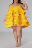Желтое сексуальное повседневное однотонное лоскутное платье с открытой спиной на тонких бретельках Платья больших размеров