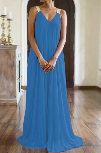 Ковбойское синее повседневное однотонное платье в стиле пэчворк с V-образным вырезом, длинное платье, платья
