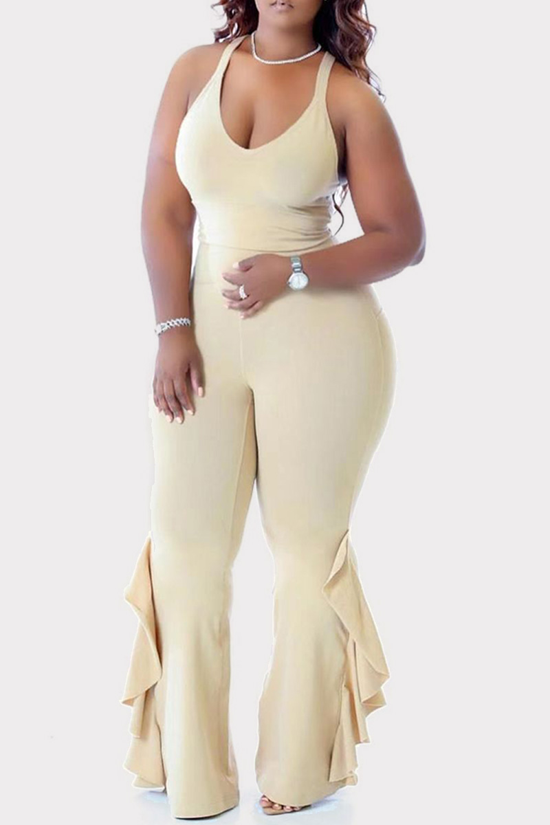 

Cream White Sexy Casual Solid Backless V Neck Skinny Jumpsuits