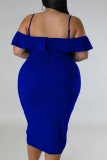 Färgglad blå sexig solid lapptäcke Rygglös off the shoulder kortärmad klänning i plusstorlek