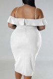 Weißes, sexy, festes, rückenfreies Patchwork-Kleid mit kurzen Ärmeln und schulterfreiem Kleid in Übergröße