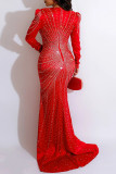 Красное сексуальное лоскутное горячее бурение, горячая дрель, платья с длинным рукавом и V-образным вырезом