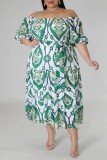 Groene casual print rugloze off-shoulder jurk met korte mouwen Grote maten jurken