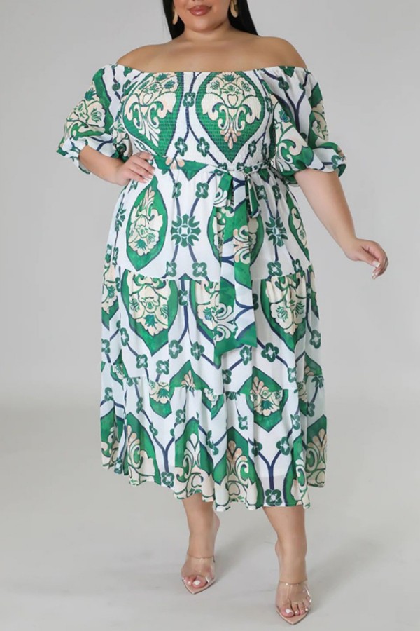 Green Casual Print Backless Off the Shoulder Short Sleeve Dress Plus Size Dresses