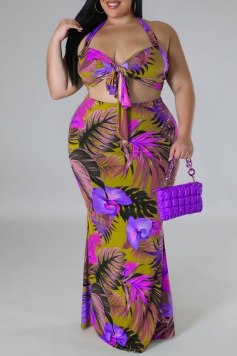 Purple Sexy Print Bandage Backless Halter Plus Size Two Pieces