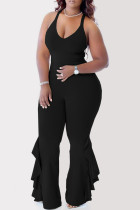 Zwarte sexy casual effen rugloze skinny jumpsuits met V-hals