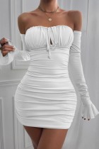 Vestidos de manga larga con hombros descubiertos y pliegues sin espalda sólidos sexy blanco