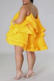 Amarillo sexy casual sólido patchwork sin espalda correa de espagueti honda vestido más vestidos de tamaño