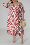 Red Casual Print Backless Off the Shoulder Short Sleeve Dress Plus Size Dresses