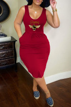 Красное сексуальное повседневное платье с принтом, базовое платье с U-образным вырезом, платья