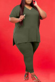 Army Green Casual Solid Slit V-Ausschnitt Plus Size Two Pieces