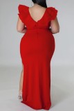 Rose Red Sexy Solid Patchwork Schlitz V-Ausschnitt Langes Kleid Plus Size Kleider