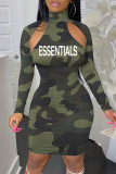 Red Sexy Letter Camouflage Print Hollowed Out Turtleneck Long Sleeve Dresses