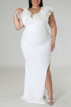 White Sexy Solid Patchwork Slit V Neck Long Dress Plus Size Dresses