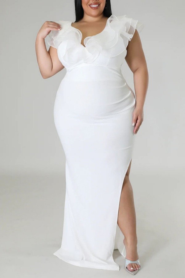Weißes, sexy, solides Patchwork-Schlitz mit V-Ausschnitt, langes Kleid in Übergröße