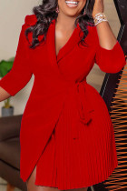 Rojo casual elegante sólido vendaje patchwork doblar cuello vuelto vestidos rectos