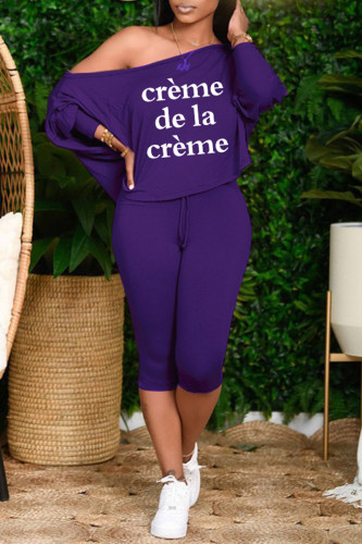 Purple Casual Letter Print Basic Oblique Collar Long Sleeve Two Pieces