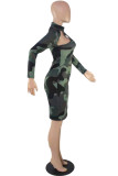 Red Sexy Letter Camouflage Print Hollowed Out Turtleneck Long Sleeve Dresses