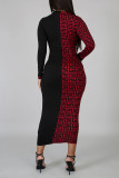 Robes de jupe crayon à col rond en patchwork d'impression élégante rouge