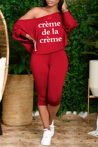 Red Casual Letter Print Basic Oblique Collar Long Sleeve Two Pieces