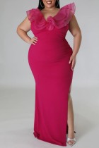 Розово-красное сексуальное однотонное лоскутное длинное платье с разрезом и V-образным вырезом Платья больших размеров