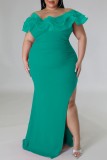Зеленое сексуальное сплошное лоскутное длинное платье с разрезом и V-образным вырезом Платья больших размеров